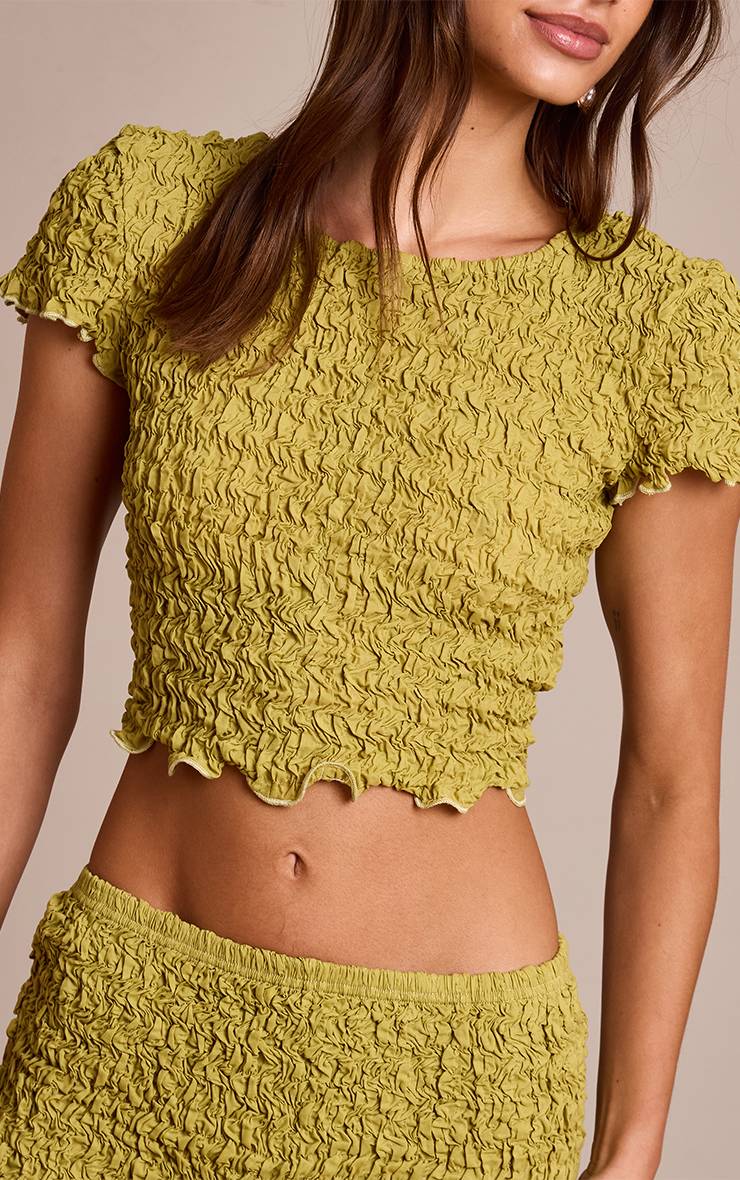 Vert Olive Haut Col Rond En Jersey Texturé Froissé