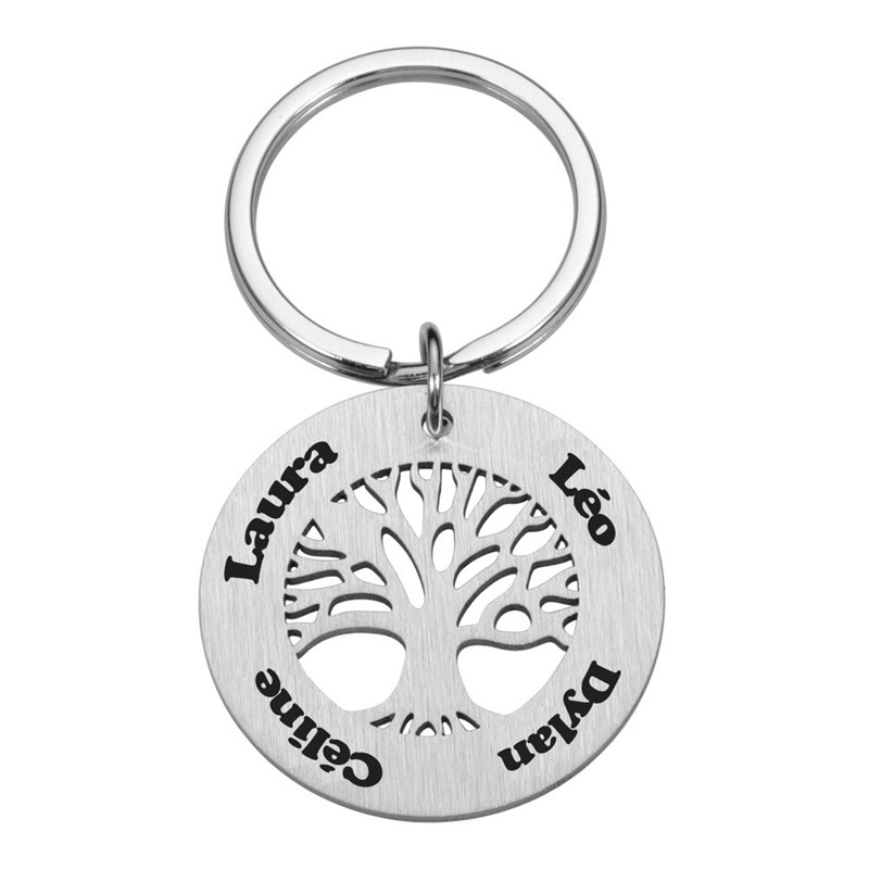 Porte-clés arbre de vie acier gravure personnalisée 4 prénoms