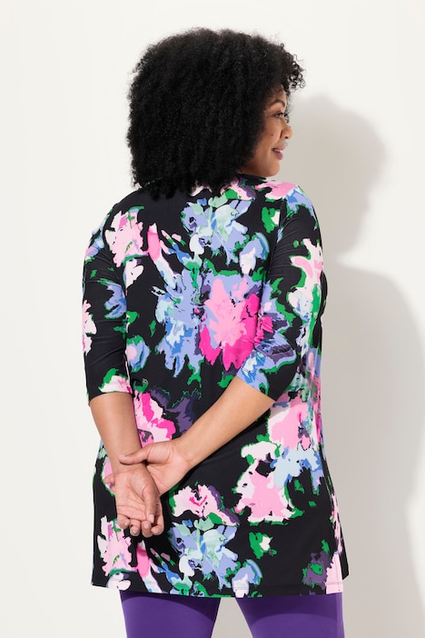 Longshirt, Blütenmuster, A-Linie, Rundhals, 3/4-Arm