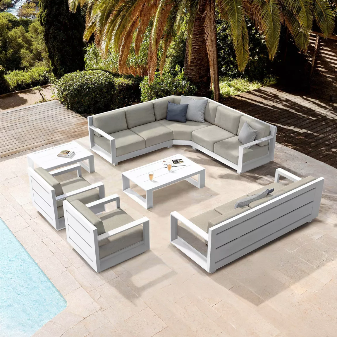 Salon de jardin d'angle aluminium 10 places Elba Blanc et taupe