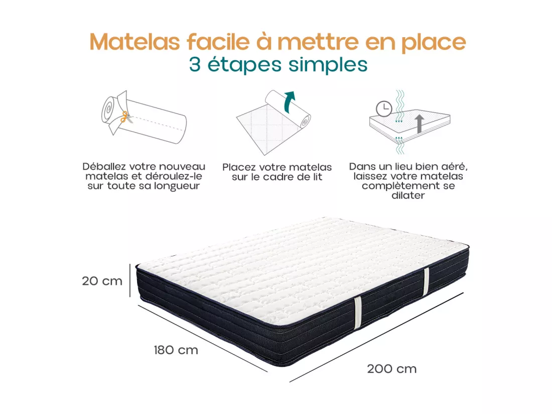 Matelas DORA King Size 180x200 cm, réversible en mousse mémoire de forme haute adaptabilité et ergonomique, indépendance du couchage, épaisseur 20cm
