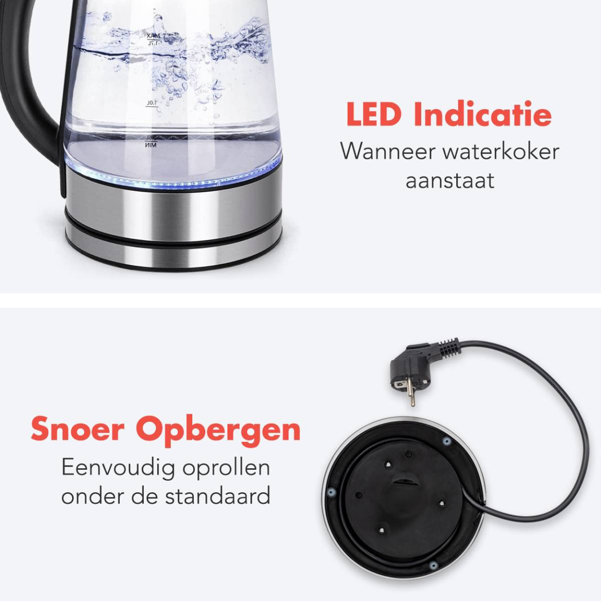 KitchenBrothers Glazen Waterkoker 1.7L - RVS