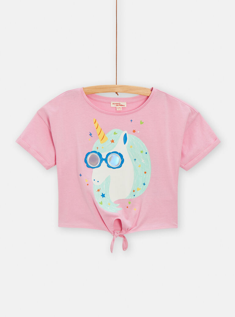 T-shirt rose animation licorne effet miroir pour fille