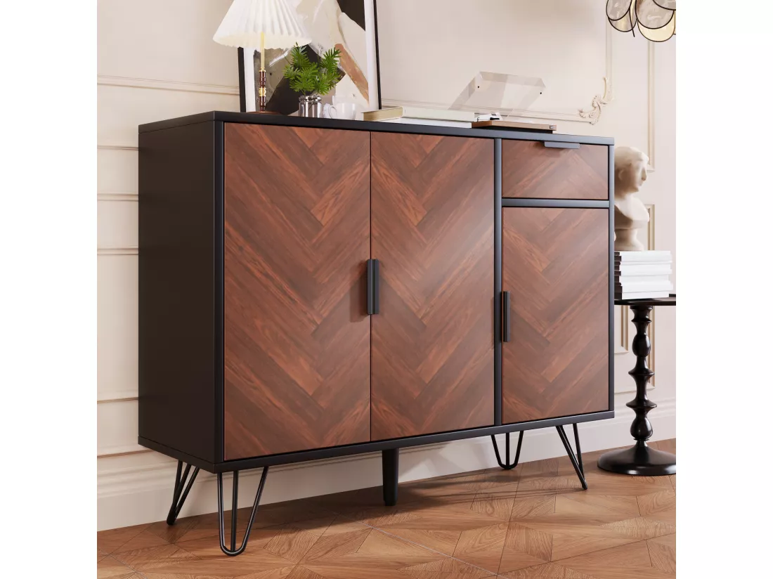 Meuble de Rangement Moderne, Buffet Noir avec Effet Bois, 1 Tiroir et Étagères Réglables en Hauteur (90 x 30 x 71,5 cm)