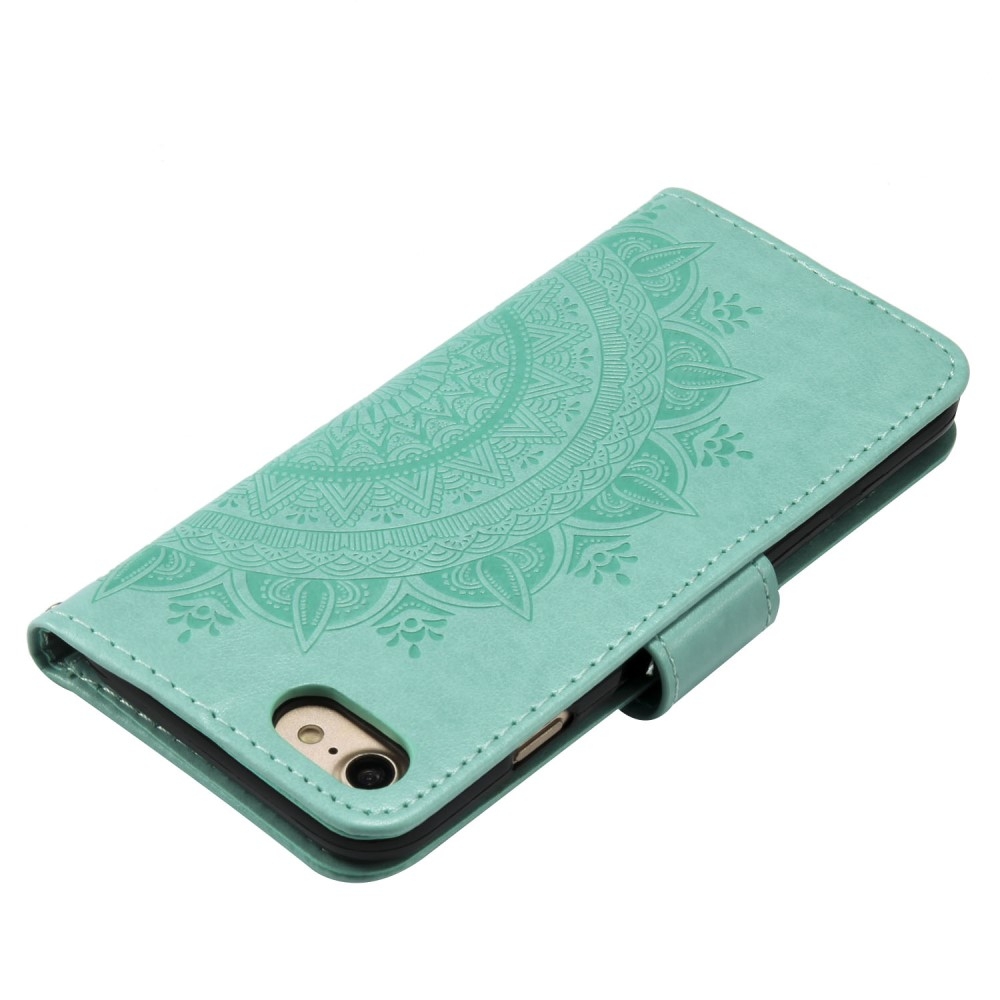 iPhone SE (2022/2020) / 8 / 7 / 6S Leder Tasche Wallet - Mandala Flowers Imprint - Türkis