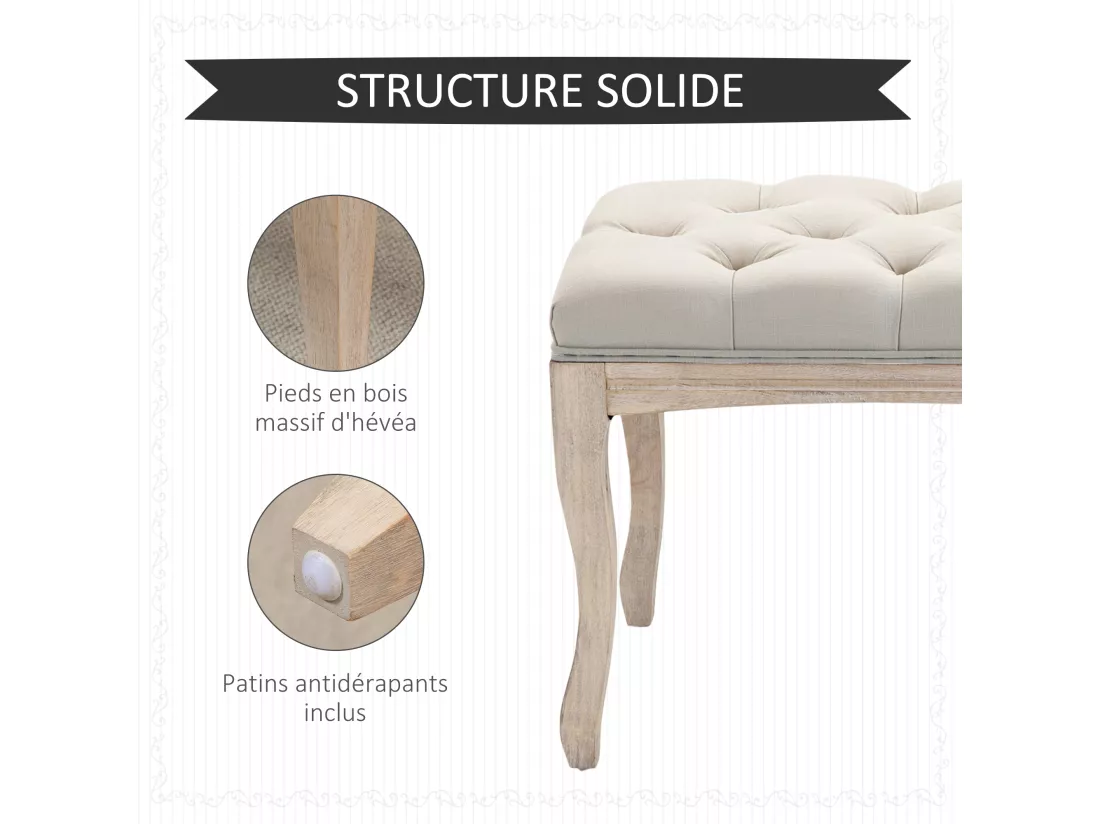 Banc banquette capitonnée style classique chic dim. 110L x 40l x 48H cm piètement bois hévéa sculpté lin beige