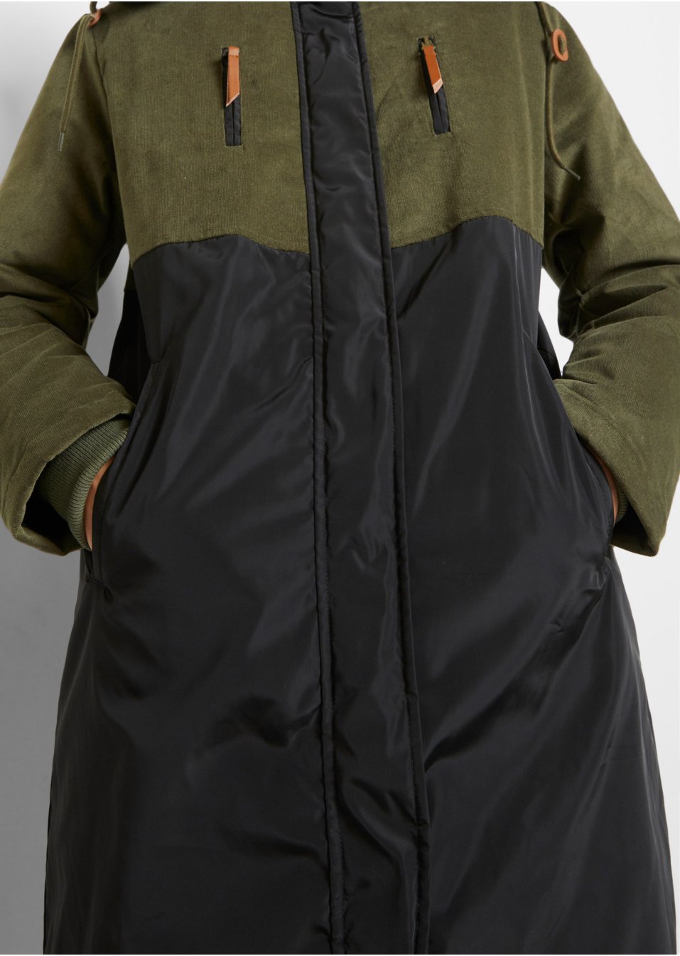 Parka longue à capuche en mélange de matières, coupe droite