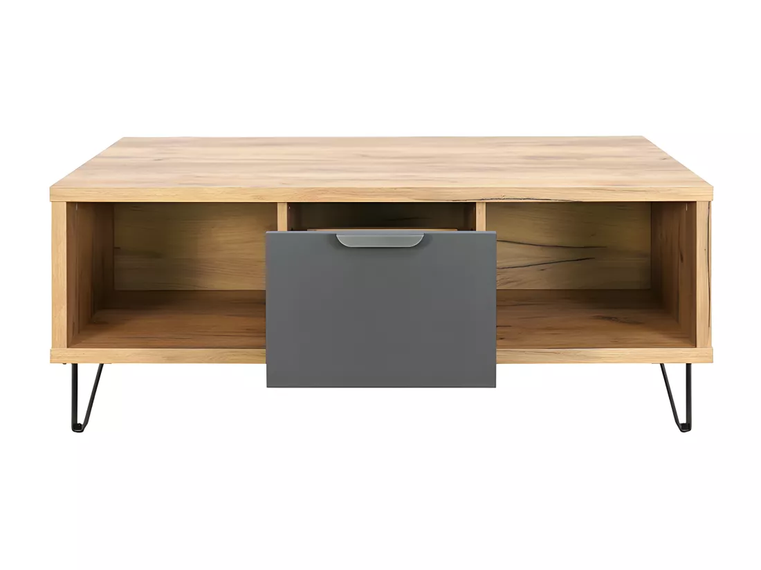 Table basse 1 tiroir 2 niches pieds métal Harry