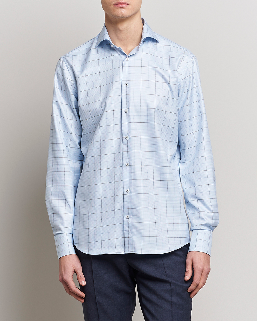Stenströms Fitted Body Cut Away Windowpane Shirt Blue