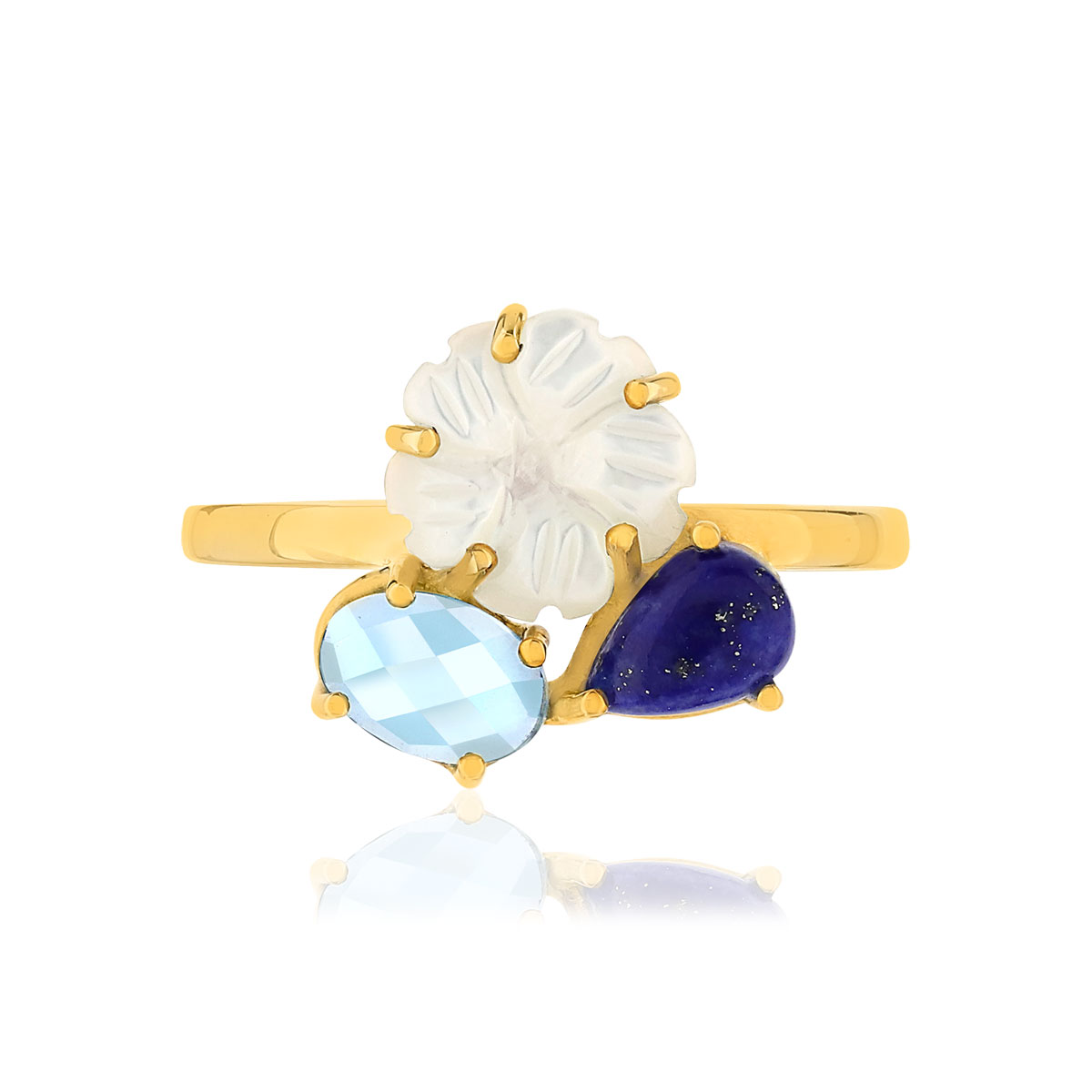 Bague or 375 jaune fleur nacre et pierres fines