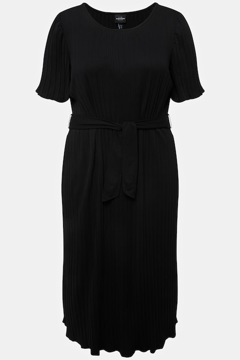Plissee-Midikleid, A-Linie, Rundhals, Gürtel, Halbarm