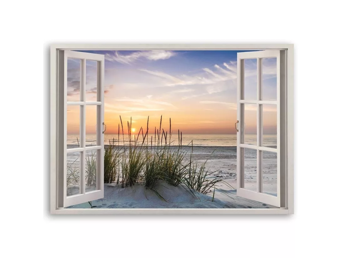 Tableau fenêtre en bois donnant sur la plage - 60 x 40 cm