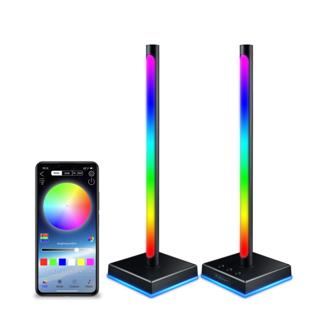 (2er Set) 42cm LED RGB Stehlampe Gaming Hintergrund Beleuchtung mit Kopfhörer Halterung und Soundsteuerung (iOS/Android) - Schwarz