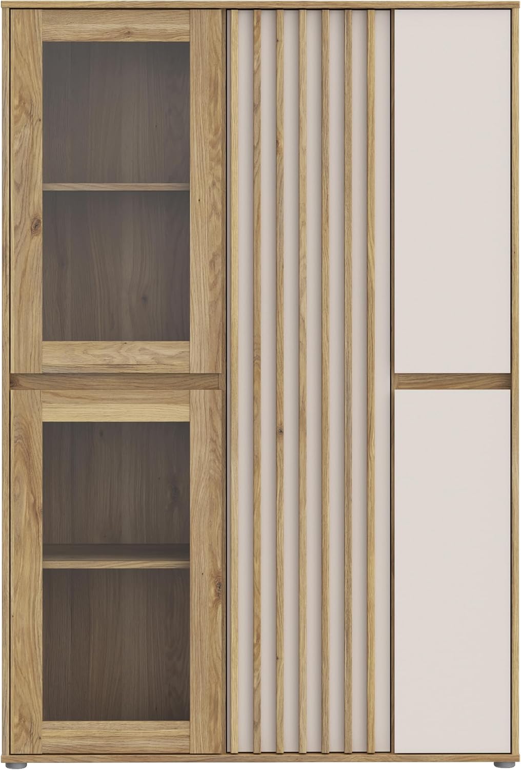 Forte ELISTON Vitrine 100 110, moderner Schrank mit Lamellendesign, 5-türig, Wohn-/Schlafzimmer, Mauvella Eiche Holzdekor|Kashmir Beige, 109,3 cm breit x 161,7 cm hoch x 41,5 cm tief