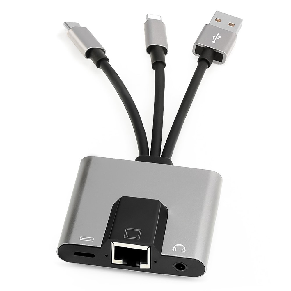 (10cm) Lightning / USB A / USB C (m) auf USB C / Ethernet RJ45 LAN / 3.5 mm Klinke (w) Adapter für Smartphones / Tablets / Notebooks - Grau