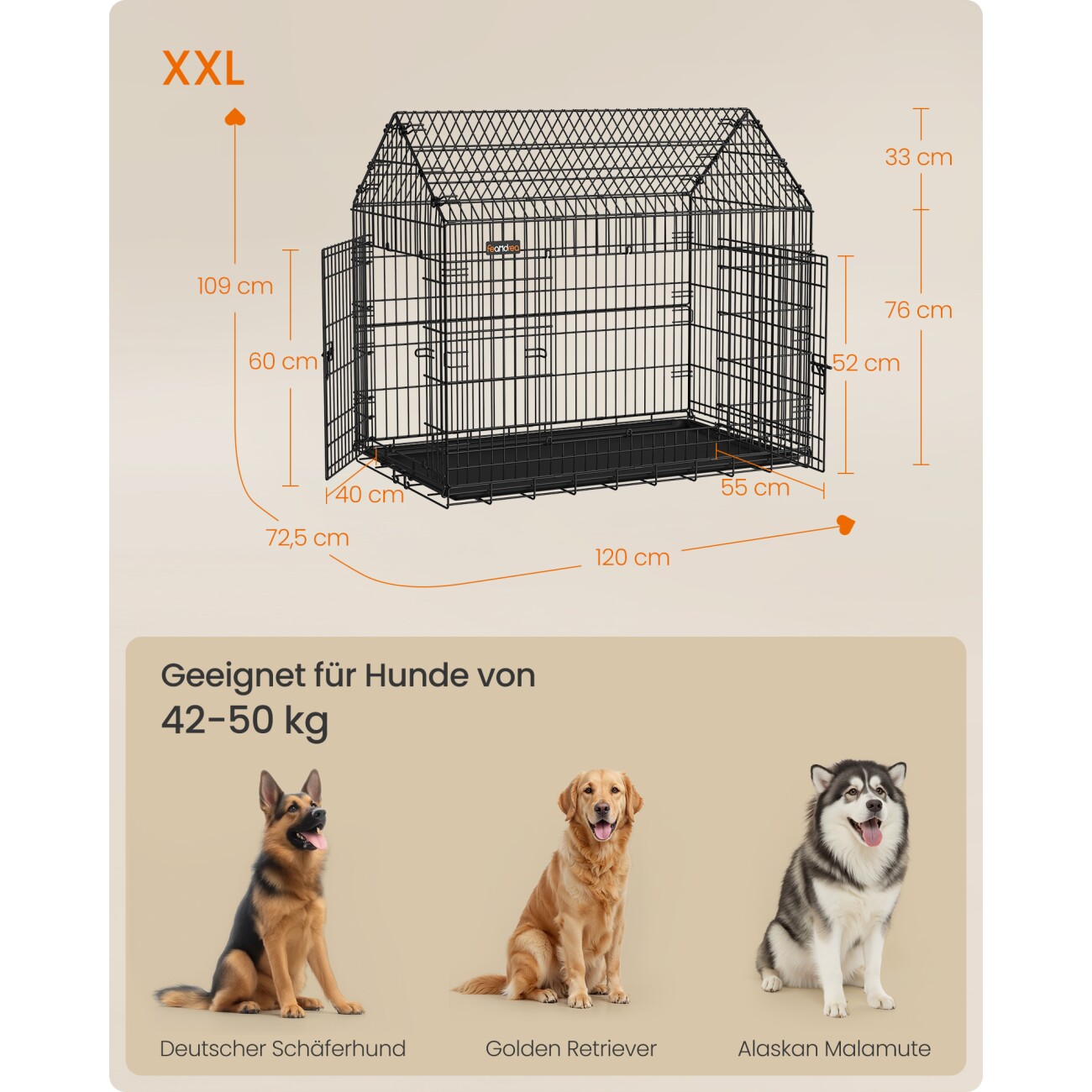 FEANDREA Hundekäfig faltbar mit DoppeltürXXL 120 x 72,5 x 109 cm
