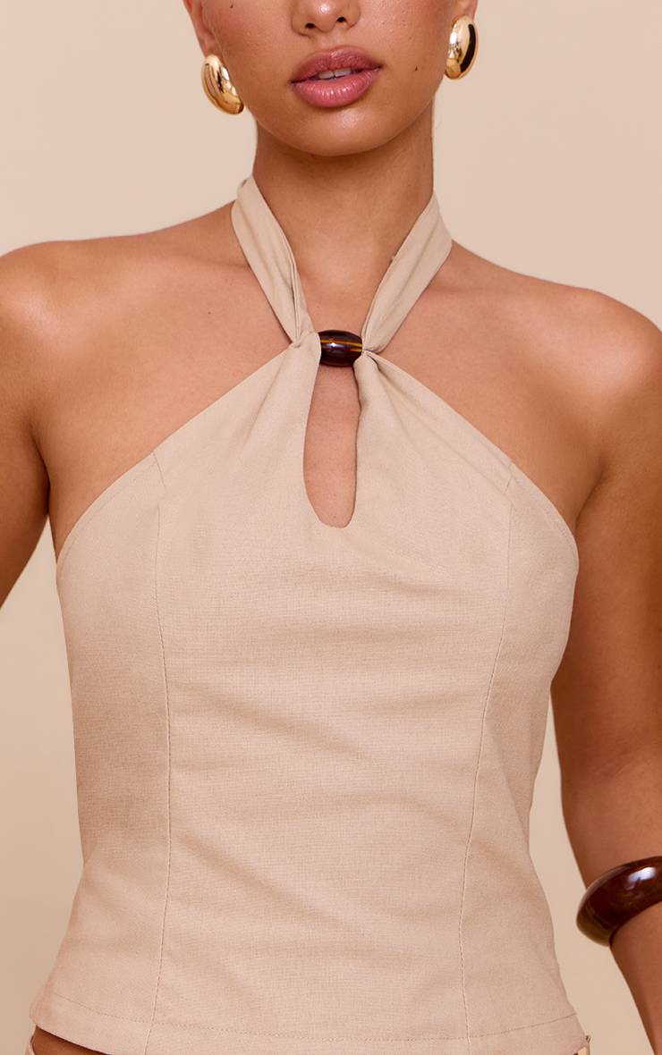 Sable Top Col Halter Détail Perles Tissé
