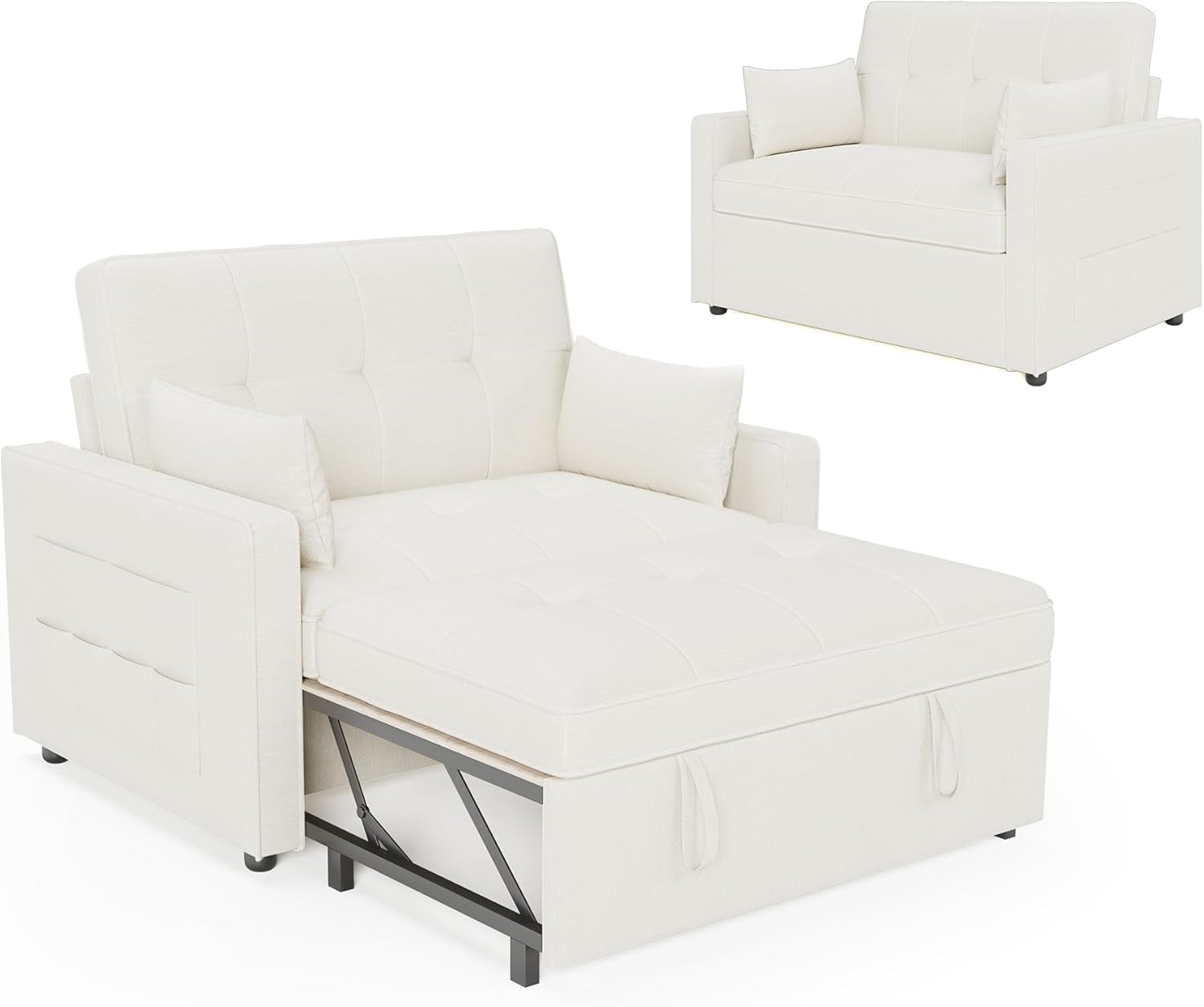 Schlafsofa 186 x 122 cm mit 5-stufig Verstellbarer Rückenlehne, 3-in-1 Schlafcouch mit Kissen und Seitentasche, cremeweißes Leinen-Sofa für Gästezimmer & kleine Räume