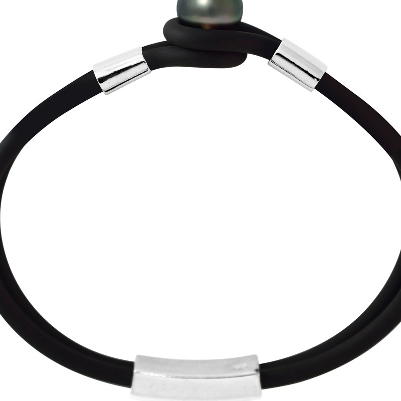 Bracelet Homme-Femme Néoprène Noir, Perle de Tahiti Noire de 10 mm et Argent Massif 925/1000