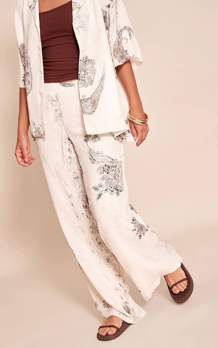 Crème Pantalon Large Extrême Tailleur En Tissu Tissé Imprimé Paisley