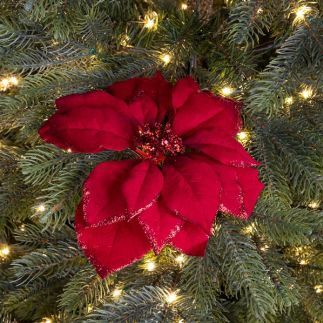 Decoris Poinsettia Stof Clip - Rode Glitter Kerstbloemen op Clip | 24 cm