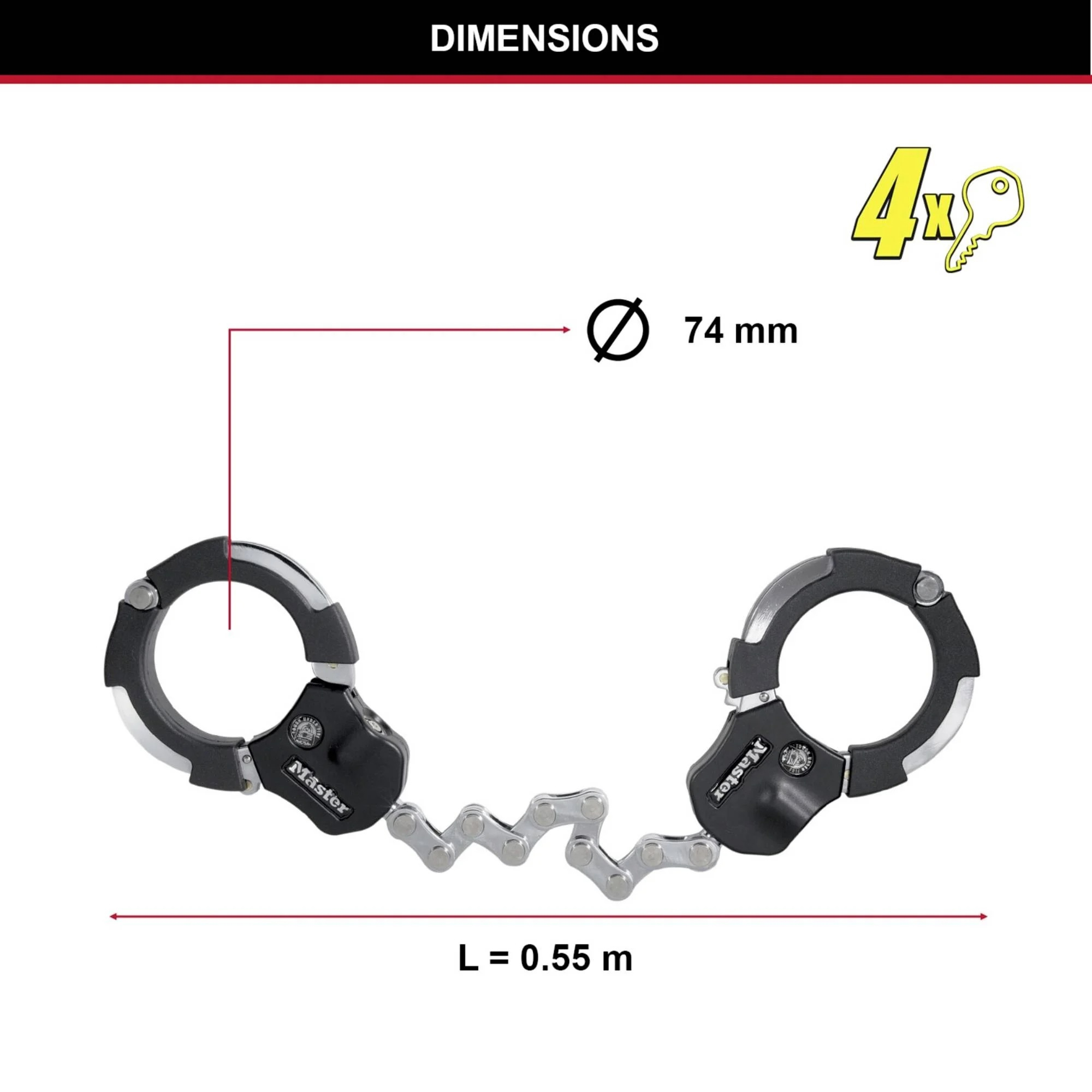 (55cm) Street Cuff 8290 Fahrradschloss 9-gliedriges Velo Handschellenschloss - Silber / Schwarz