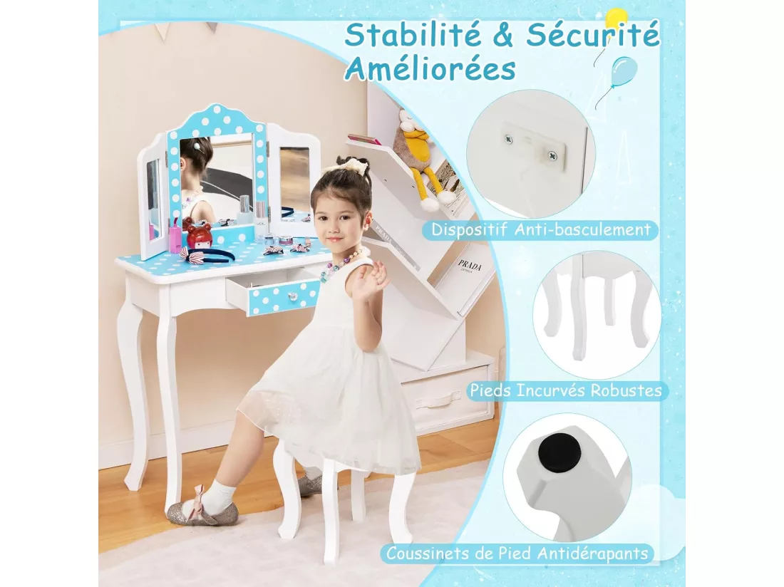 2 en 1 Coiffeuse Enfants Fille avec Miroir Amovible à 3 Volets & Tabouret, Table de Maquillage avec Tiroir & Dispositif Anti-Basculement, Charge 50kg pour Enfants de 3-7 Ans