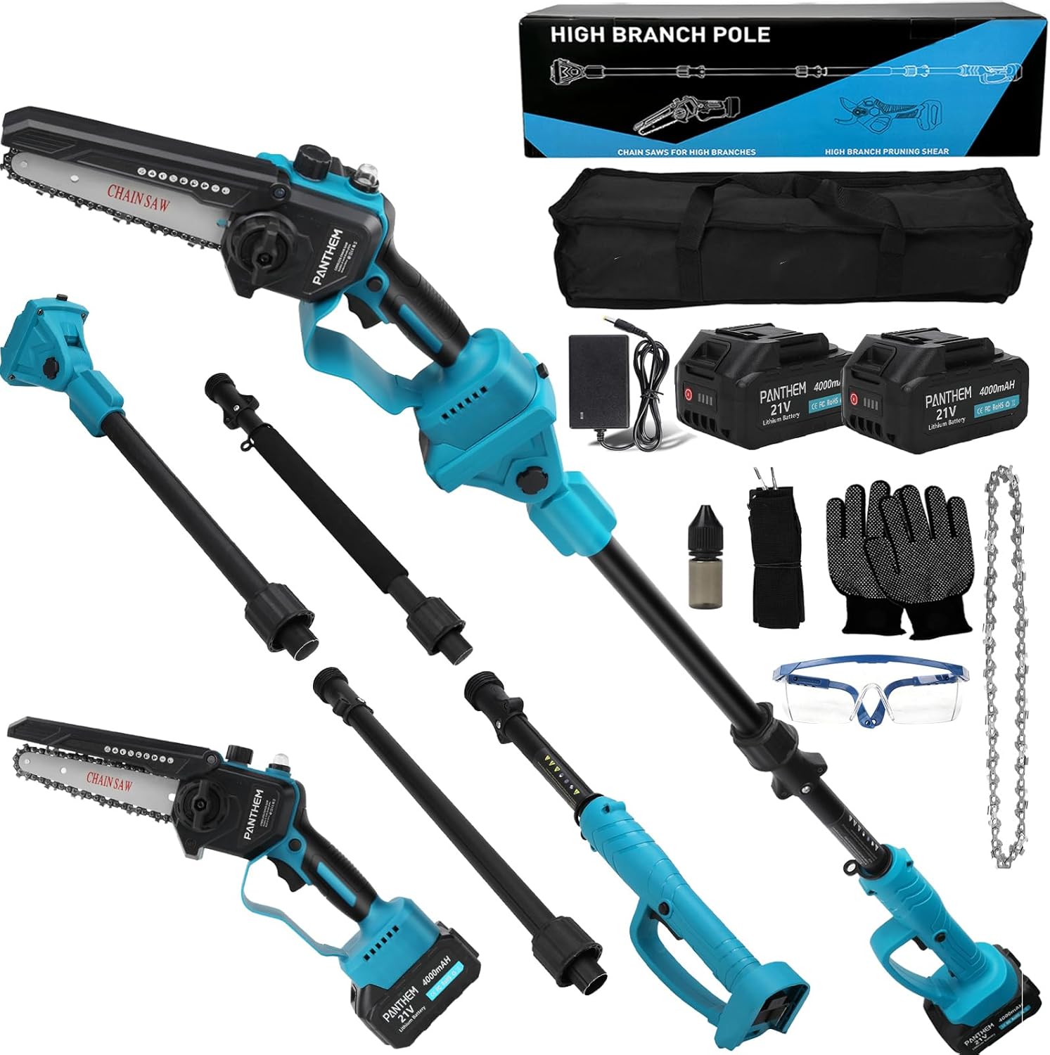 Akku Hochentaster Ast Kettensäge Profi-Astsäge für Makita 18V, 2 IN 1 Mini 6 zoll Akku Kettensäge und Teleskop with panthem akku 21V 4000mAh Elektro Hochentaster Astsäge Arbeitshöhe bis 4,5m