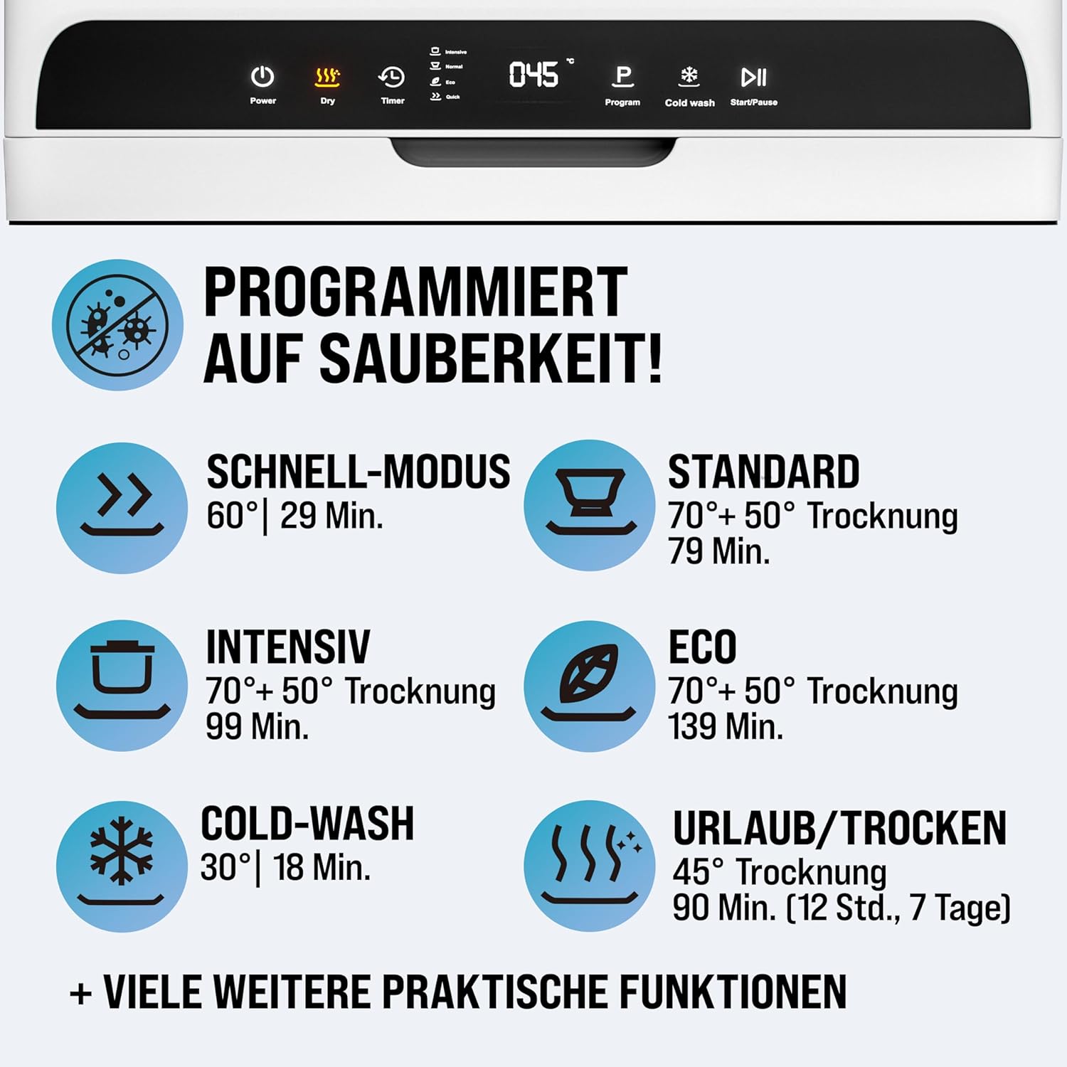 MONZANA® Tischspülmaschine ohne Wasseranschluss App Funktion sparsamer Verbrauch 4,5L 6 Programme 4 Gedecke 45cm Mini Geschirrspüler Spülmaschine Weiß