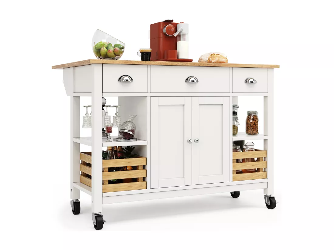 Ilot central de cuisine - chariot à roulette avec plateau extensible - 3 tiroirs et 2 portes - Blanc