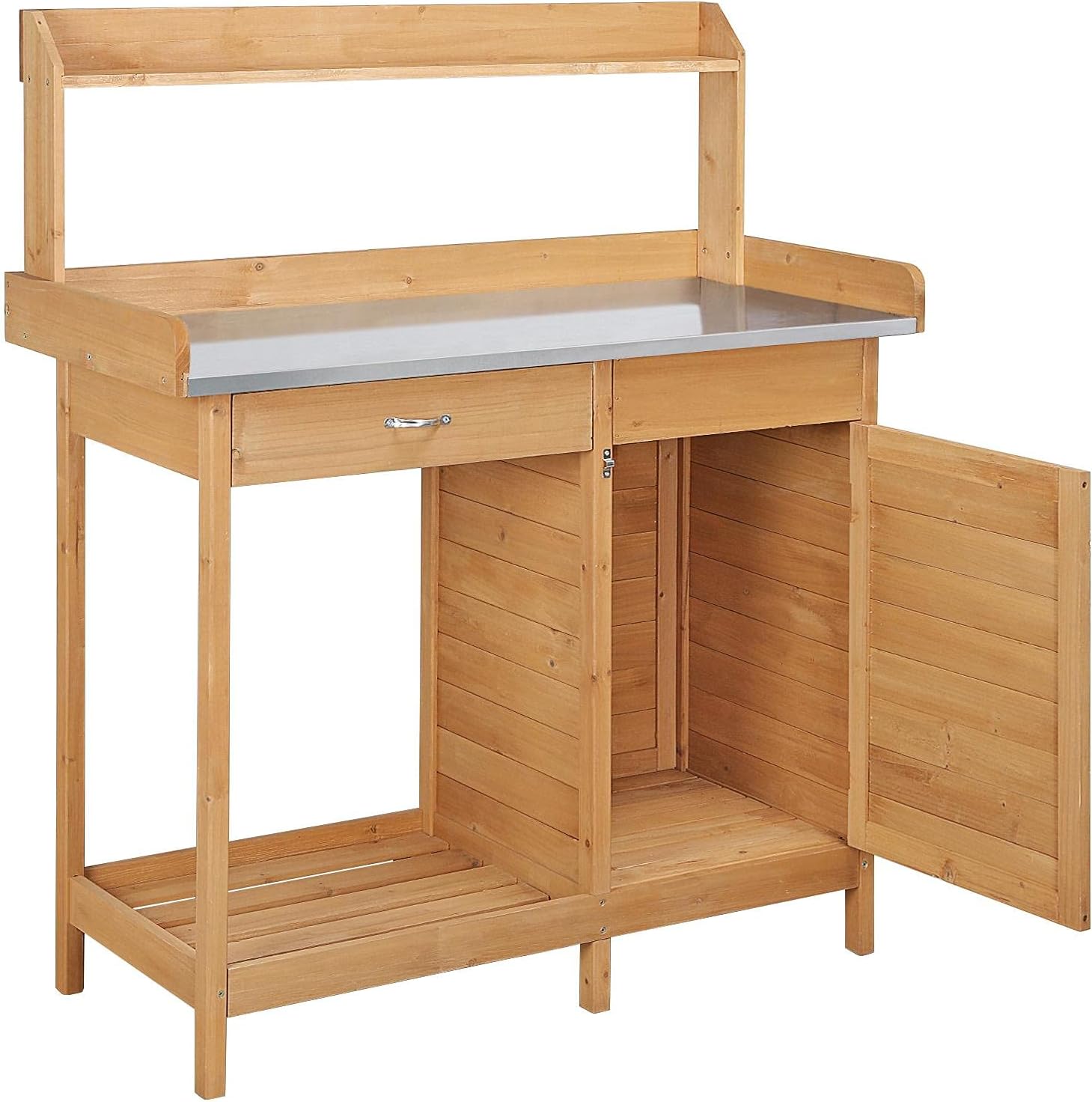 Yaheetech Gärtnertisch 112 x 46,5 x 125 cm Pflanztisch mit verzinkter Arbeitsplatte Schublade Unterschrank, Garten Arbeitstisch aus Holz, Blumentisch Hellbraun