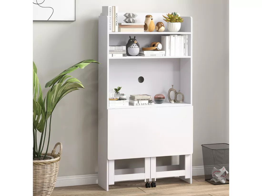 Bureau mural pliable table murale rabattable suspendue sur pied avec bibliothèque 3 étagères MDF blanc