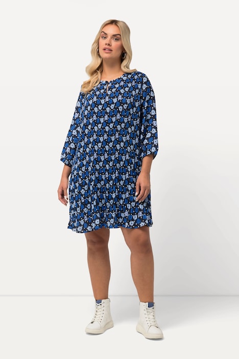 Plissee-Minikleid, Blüten, Rüschen-Stehkragen, 3/4-Arm