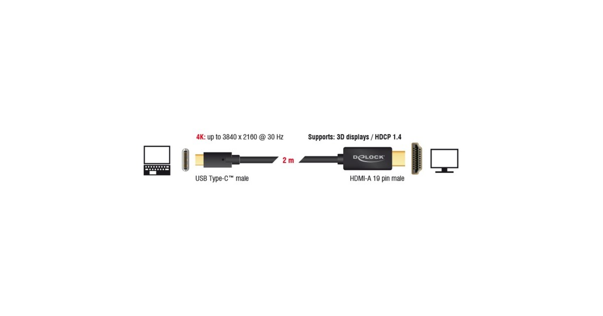 DeLOCKUSB-C (male) > HDMI (male) (DP Alt Mode) kabel  (Zwart, 2 meter, 4K 30 Hz)