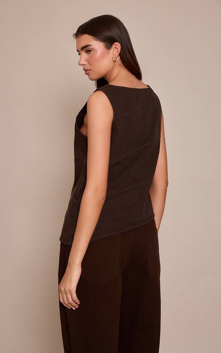 Chocolat Haut En Denim Sans Manches À Détail De Couture Asymétrique