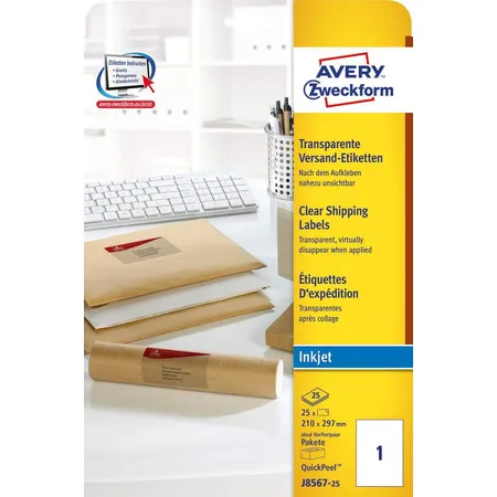 Avery Zweckform J8567-25 Versandetiketten,A4 210 x 297 mm, 25 Bogen/25 Etiketten, transparent