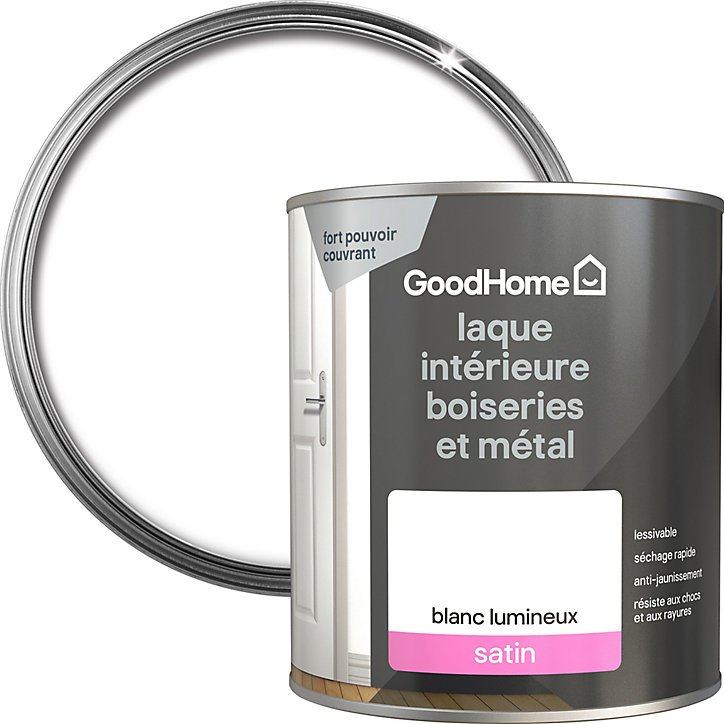 Laque haute résistance boiseries et métal GoodHome satin blanc 750ml