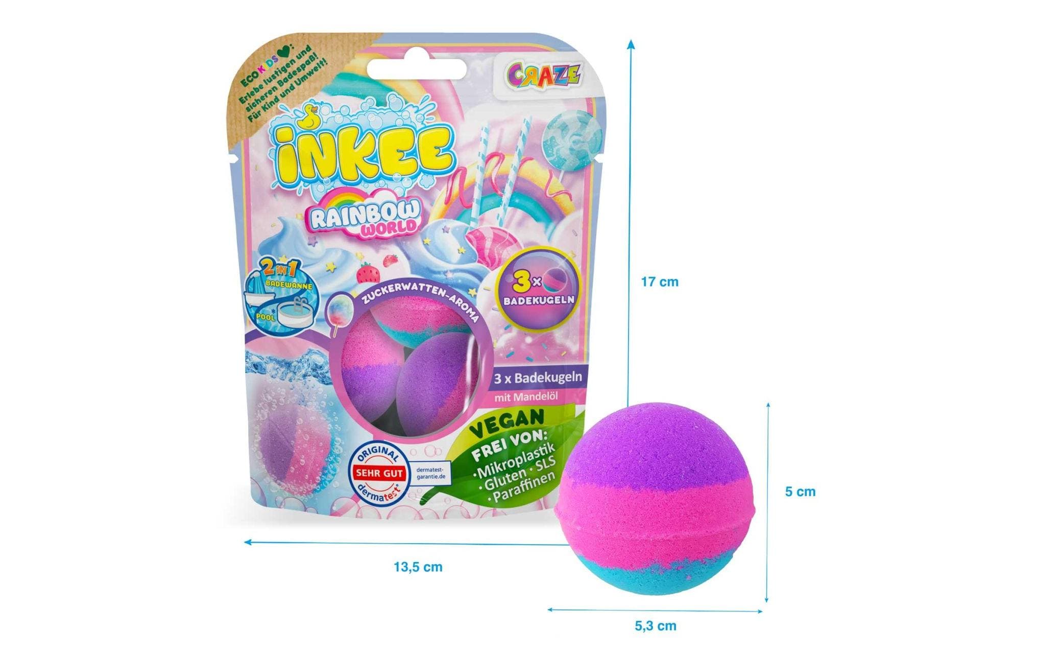 Badekugel Inkee Rainbow World 3 StückÜberraschungs-Badebomben für farbenfrohe Schaumbäder