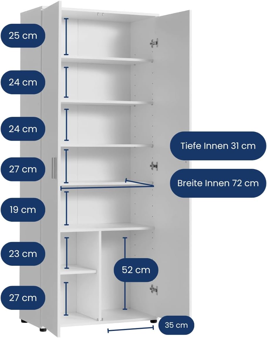Home Collective Mehrzweckschrank 75cm breit mit 2 Türen 6 Einlegeböden Vielseitiger Haushaltsschrank für Vorräte Putzmittel Akten Universalschrank für Haushalt Flur Büro Keller 75x35x184cm(BxTxH) Weiß