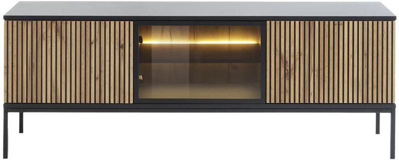 Vente-unique - OVILA - Tv-meubel - Zwart en naturel - MDF en Glas - 3 Deurtjes met Ledverlichting