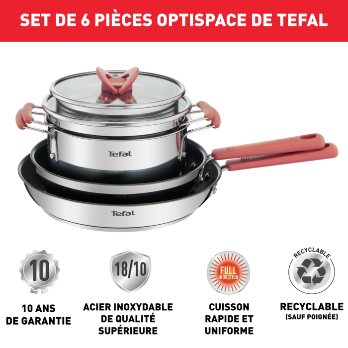 Opti'space set 6 pièces Faitouts inox 18/20cm + Couvercles verre 18/20cm + Poêles antiadhésives 24/28cm