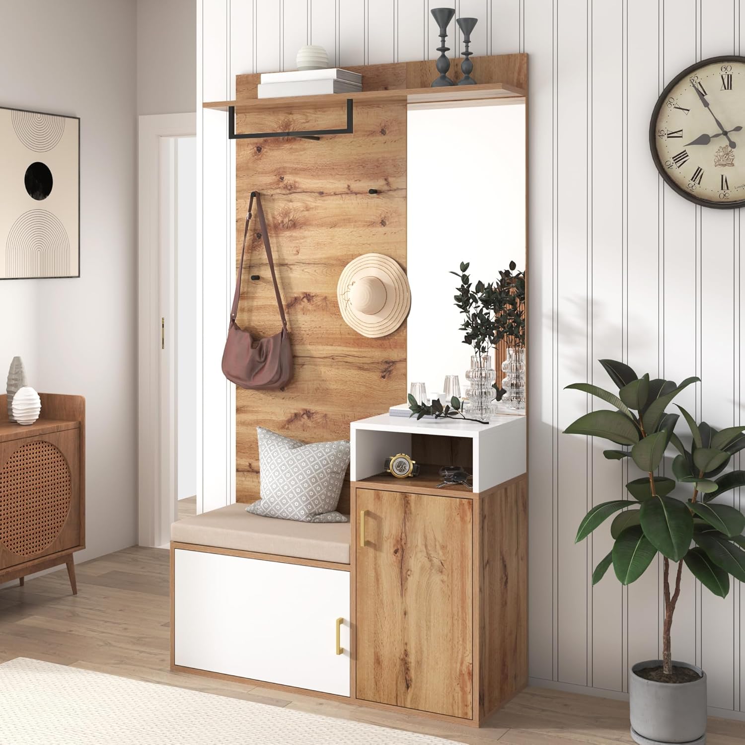 Garderoben-Set, Flurgarderobe mit Sitzbank & Spiegel, Garderobe mit Schuhschrank, Kompaktgarderobe mit 6 goldenen Kleiderhaken, Kissen, oberes Ablagefach, 105 * 40 * 190.5cm Weiß + Holzfarbe