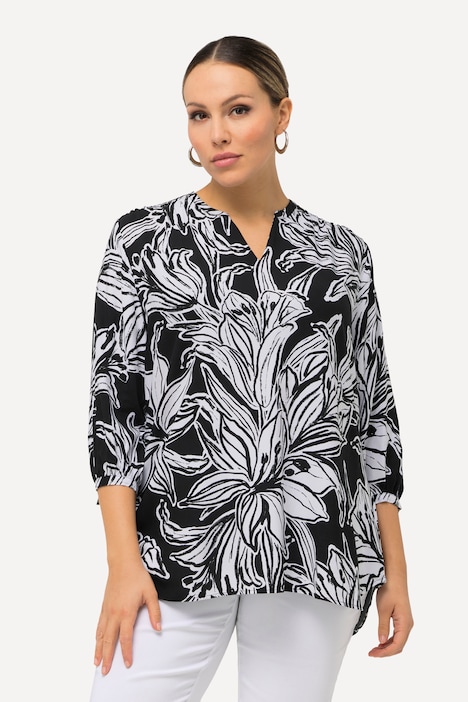 Tunika, Blüten, A-Linie, Tunika-Ausschnitt, 3/4-Arm