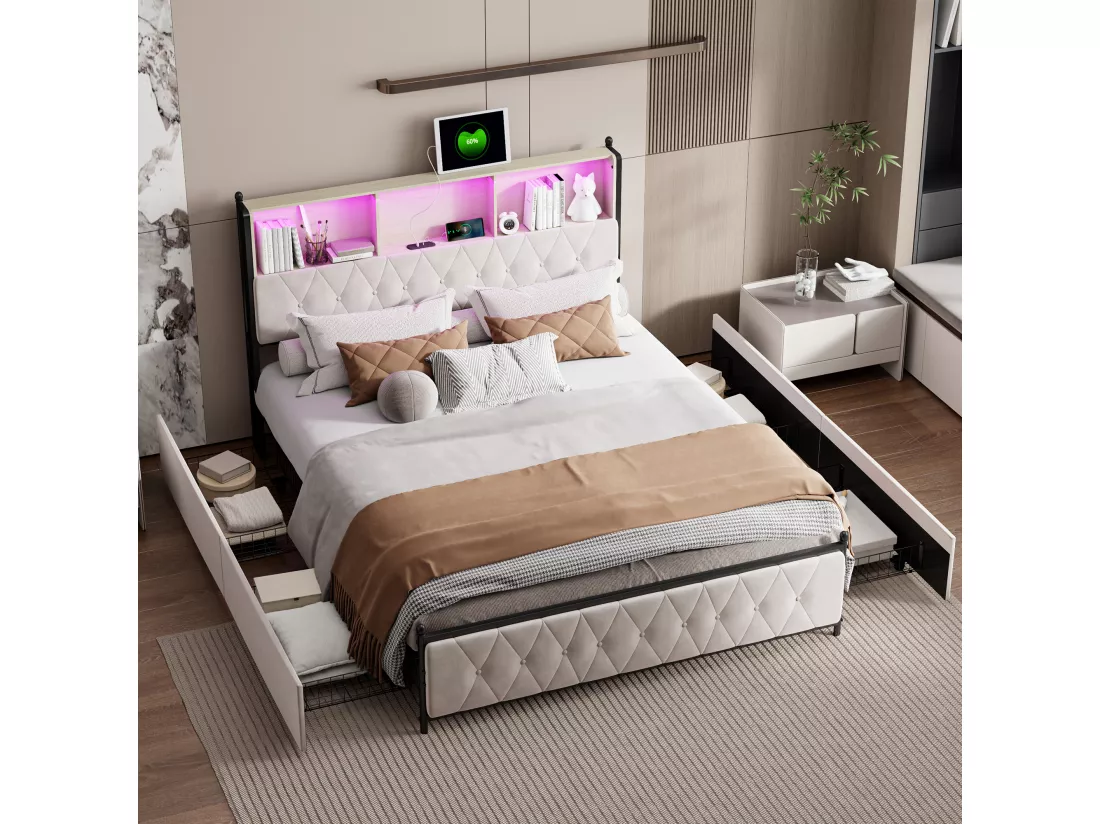 Lit adulte rembourré avec LED et 2 ports de charge USB - 4 tiroirs + sommier à lattes - tissu en velours - 140x200cm - Beige