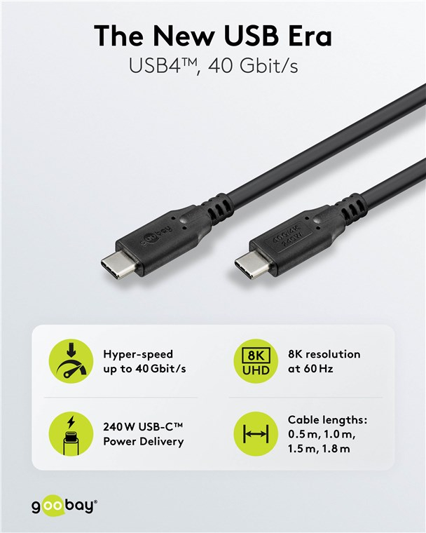 (50cm) 240W USB C auf USB C Ladekabel Thunderbolt 4/3 Datenkabel 8K Monitor-Verbindungskabel 40 Gbit/s Power Delivery (74182) - Schwarz