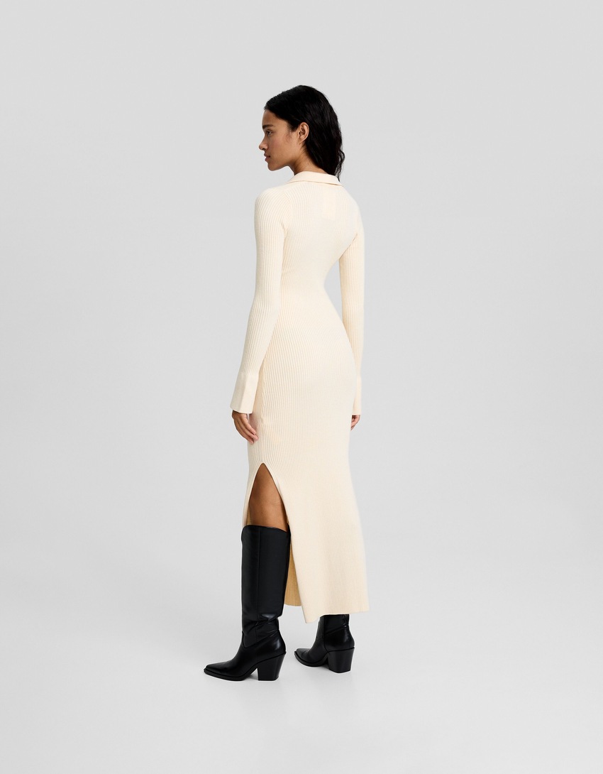 Vestido midi de manga comprida com gola polo