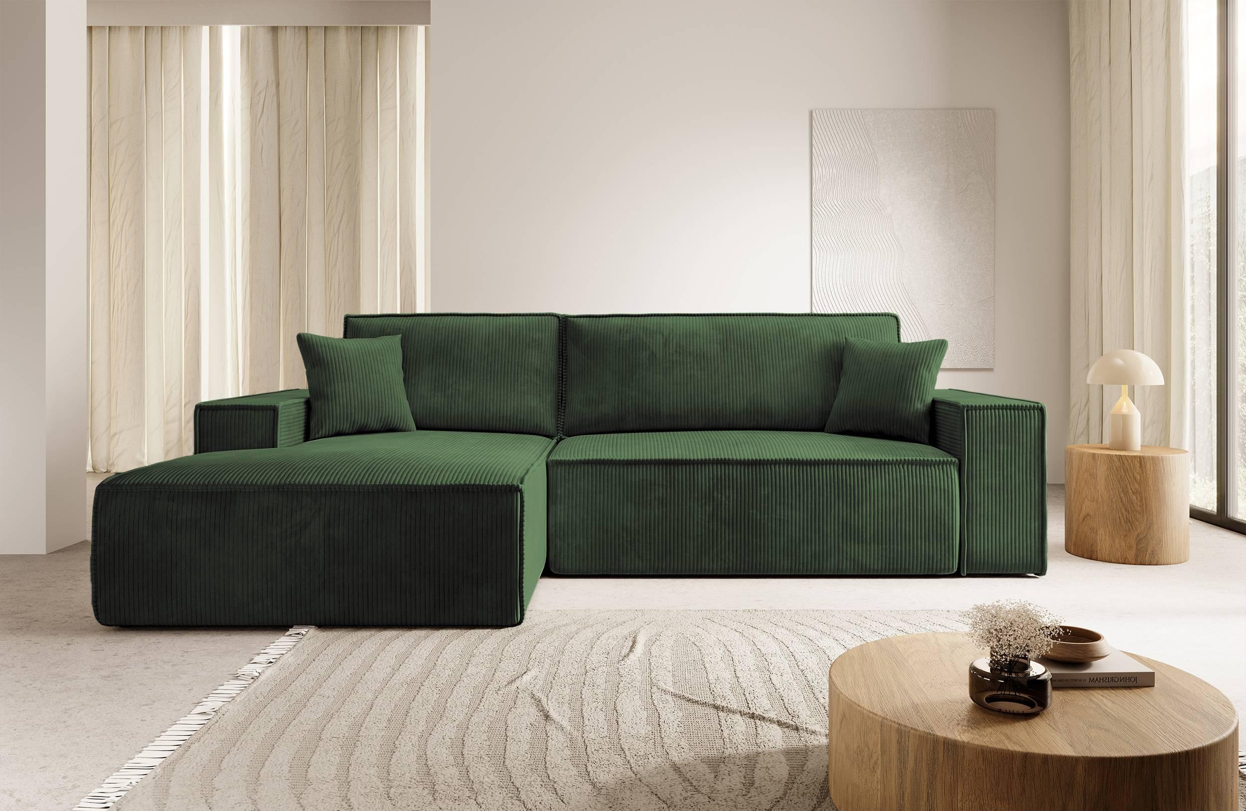 NADUVI Collection Galine Hoekbank met Chaise Longue Links met Slaapfunctie - Ribstof - Donkergroen