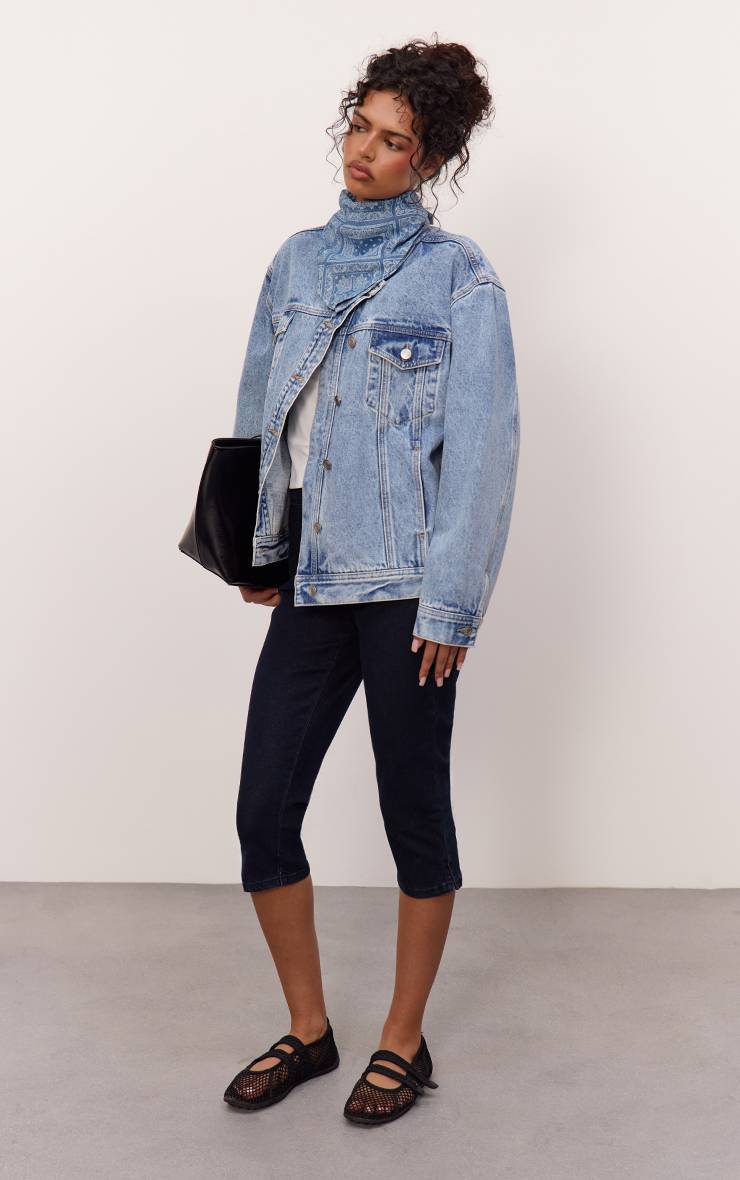 Mid Blue Wash Veste En Jean Boutonnée Asymétrique