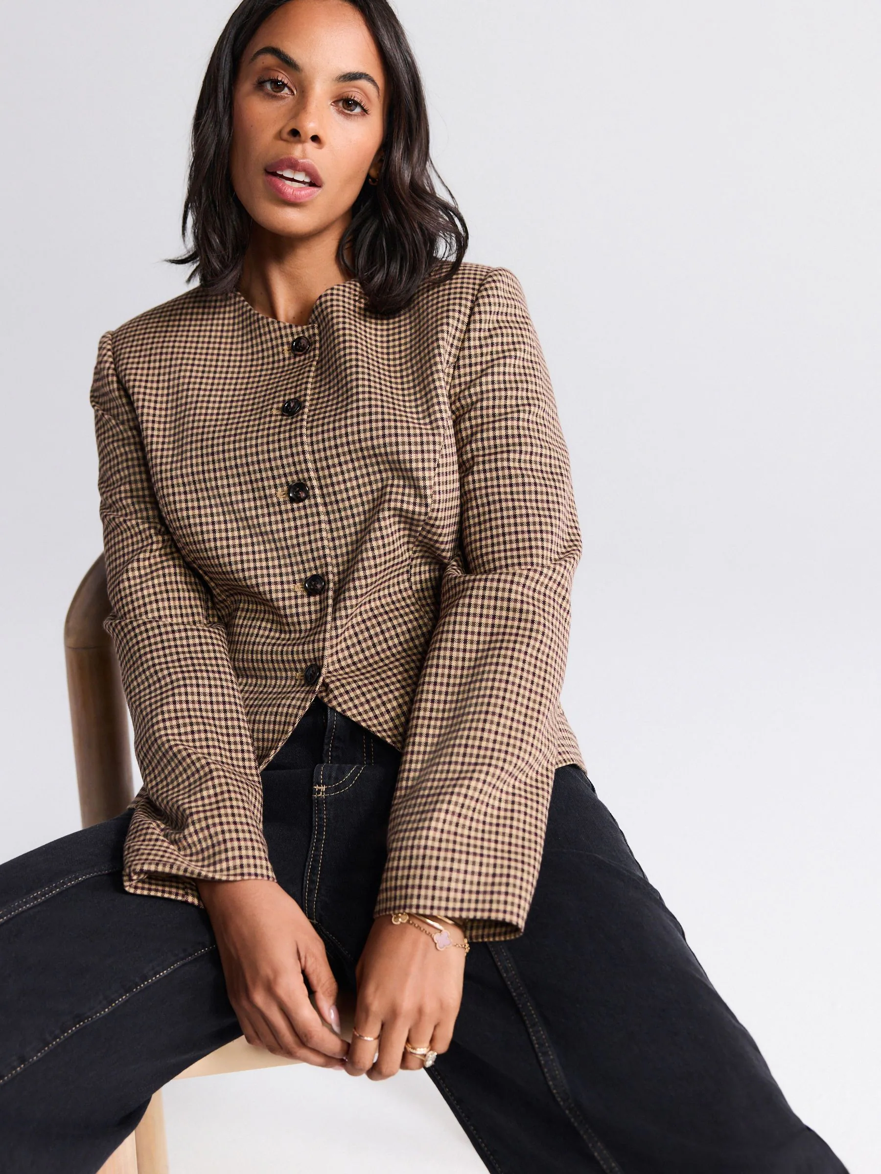 Bruin - Mini ruit blazer met Hoge hals