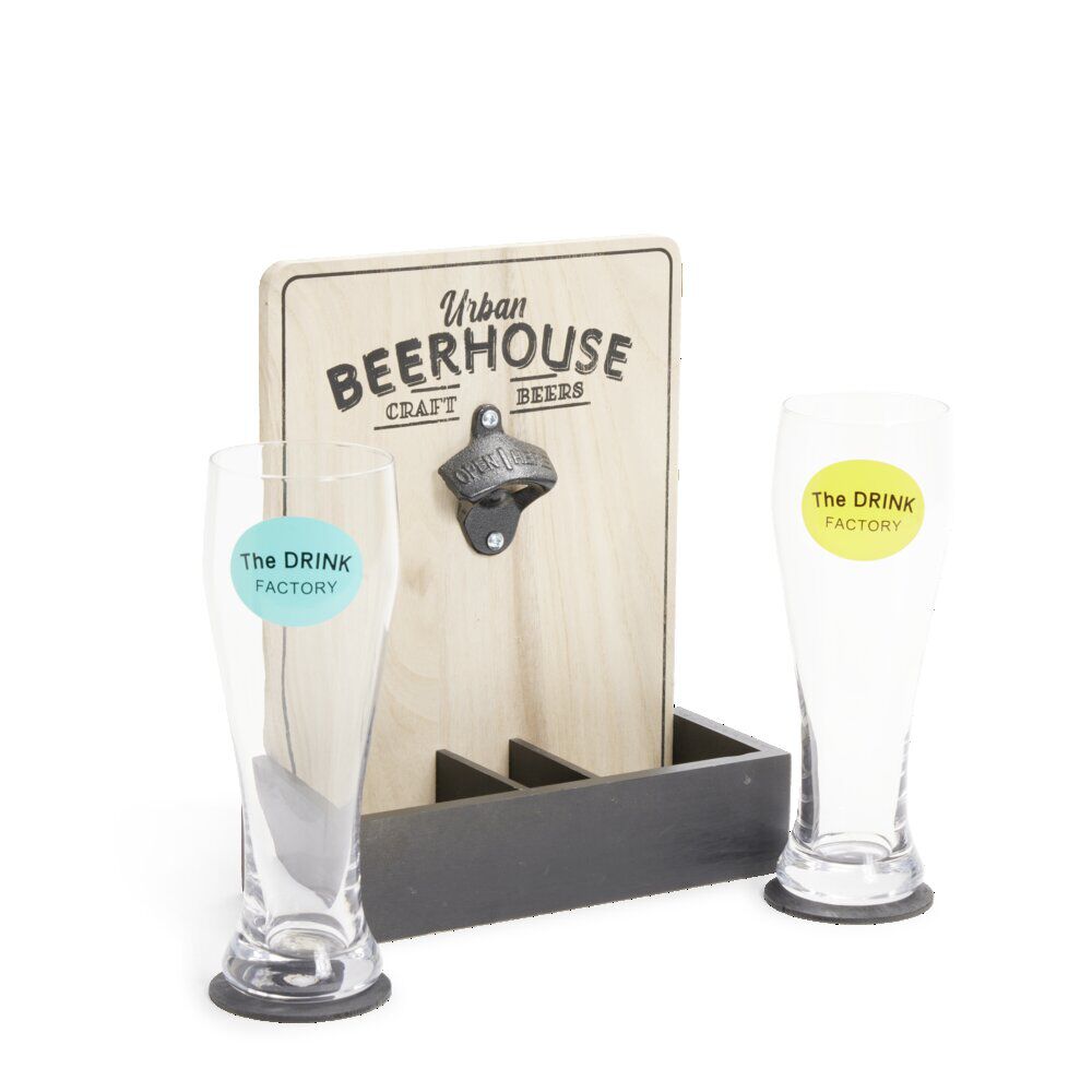 Verre à bière 50cl x2 avec support décapsuleur et 2 sous-verres